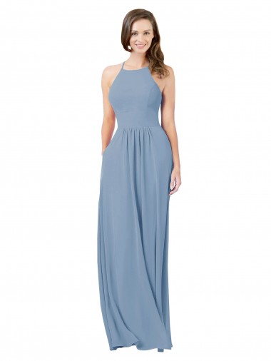 Bleu poussiéreux Trapèze Licou Mousseline Longue Robes demoiselle d'honneur Pas Cher