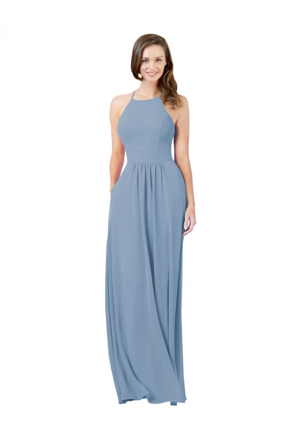 Bleu poussiéreux Trapèze Licou Mousseline Longue Robes demoiselle d'honneur Pas Cher