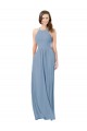 Bleu poussiéreux Trapèze Licou Mousseline Longue Robes demoiselle d'honneur Pas Cher