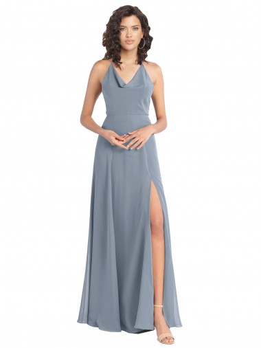 Bleu poussiéreux Trapèze Licou Mousseline Longue Robes demoiselle d'honneur Pas Cher