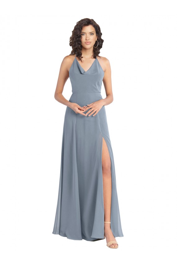 Bleu poussiéreux Trapèze Licou Mousseline Longue Robes demoiselle d'honneur Pas Cher