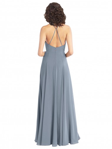 Bleu poussiéreux Trapèze Licou Mousseline Longue Robes demoiselle d'honneur