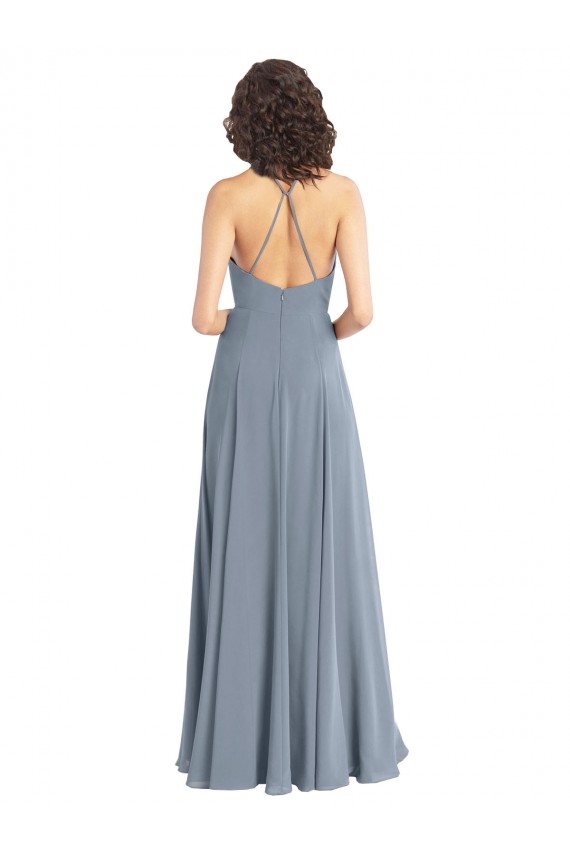 Bleu poussiéreux Trapèze Licou Mousseline Longue Robes demoiselle d'honneur Pas Cher