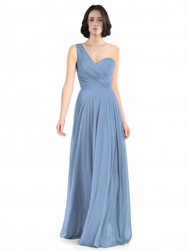 Bleu poussiéreux Trapèze Mousseline Longue Robes demoiselle d'honneur Pas Cher