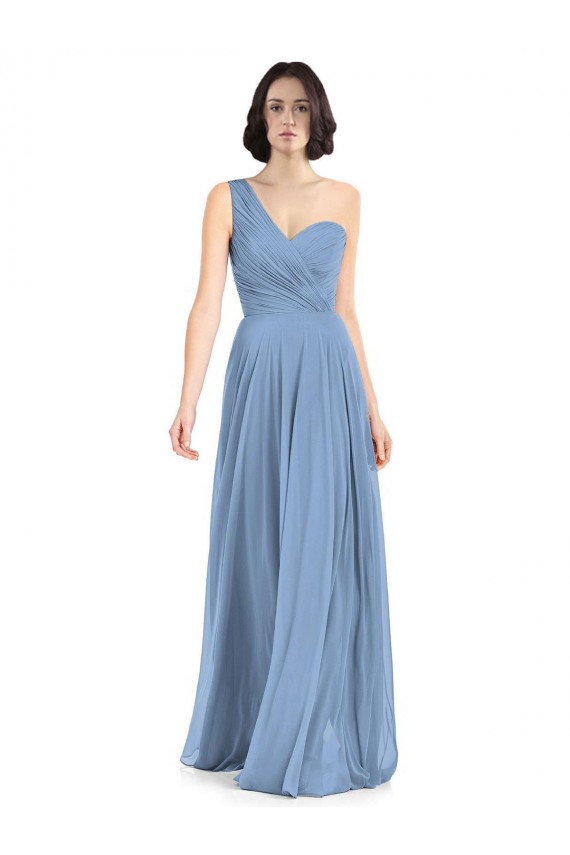 Bleu poussiéreux Trapèze Mousseline Longue Robes demoiselle d'honneur Pas Cher