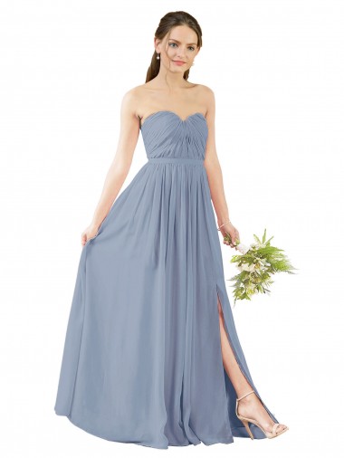 Bleu poussiéreux Trapèze Mousseline Longue Robes demoiselle d'honneur Pas Cher