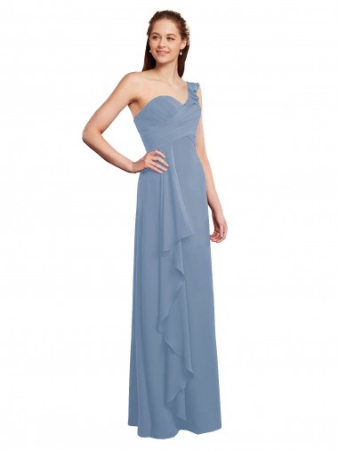 Bleu poussiéreux Trapèze Mousseline Longue Robes demoiselle d'honneur Pas Cher