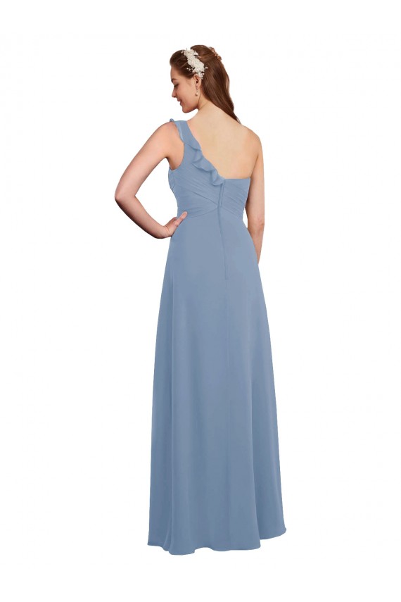 Bleu poussiéreux Trapèze Mousseline Longue Robes demoiselle d'honneur Pas Cher
