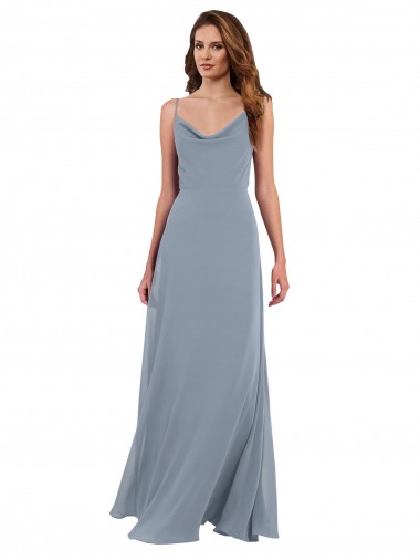 Bleu poussiéreux Trapèze Mousseline Longue Robes demoiselle d'honneur Pas Cher