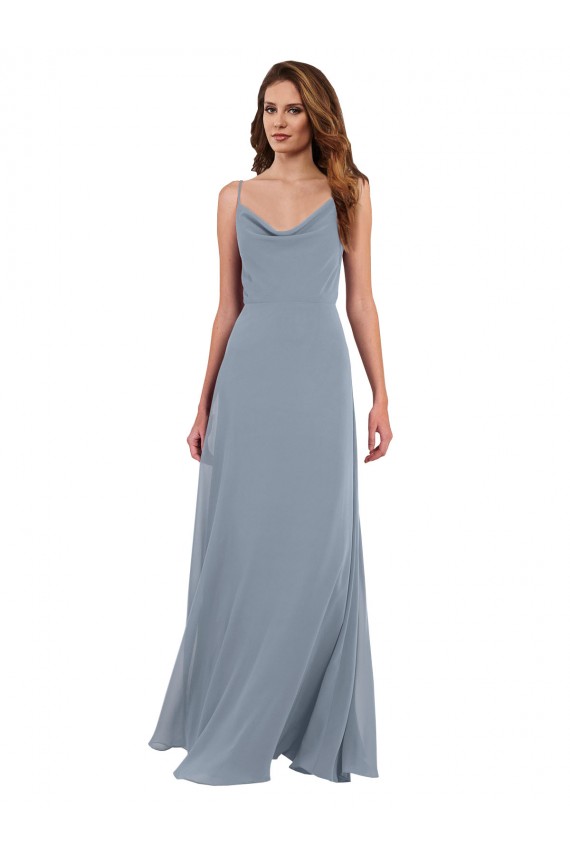 Bleu poussiéreux Trapèze Mousseline Longue Robes demoiselle d'honneur Pas Cher