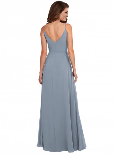 Bleu poussiéreux Trapèze Mousseline Longue Robes demoiselle d'honneur