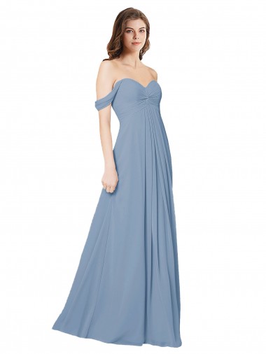 Bleu poussiéreux Trapèze Mousseline Longue Robes demoiselle d'honneur Pas Cher