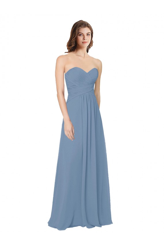 Bleu poussiéreux Trapèze Mousseline Longue Robes demoiselle d'honneur Pas Cher