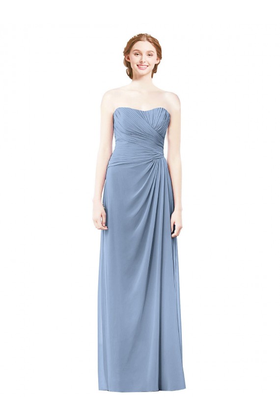 Bleu poussiéreux Trapèze Sans bretelle Mousseline Longue Robes demoiselle d'honneur Pas Cher