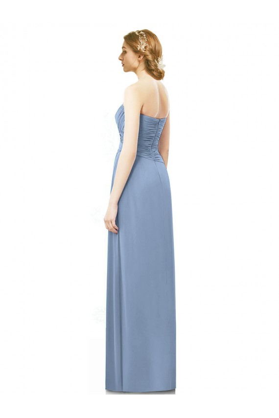 Bleu poussiéreux Trapèze Sans bretelle Mousseline Longue Robes demoiselle d'honneur Pas Cher