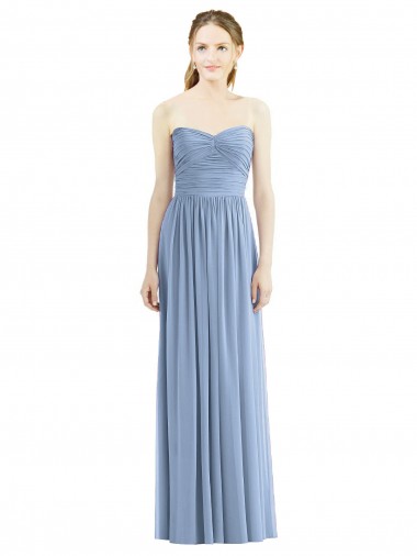 Bleu poussiéreux Trapèze Sans bretelle Mousseline Longue Robes demoiselle d'honneur Pas Cher