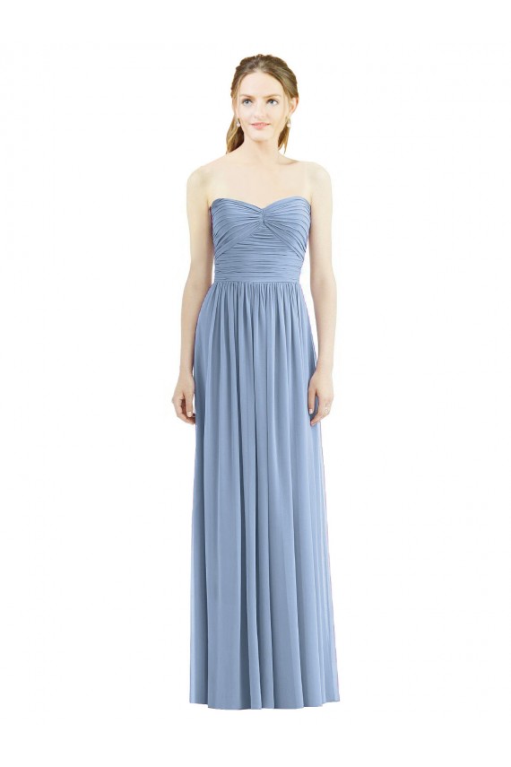 Bleu poussiéreux Trapèze Sans bretelle Mousseline Longue Robes demoiselle d'honneur Pas Cher
