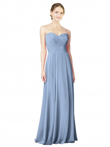 Bleu poussiéreux Trapèze Sans bretelle Mousseline Longue Robes demoiselle d'honneur Pas Cher