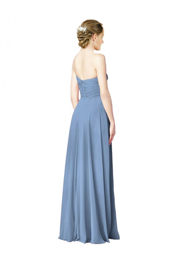 Bleu poussiéreux Trapèze Sans bretelle Mousseline Longue Robes demoiselle d'honneur Pas Cher