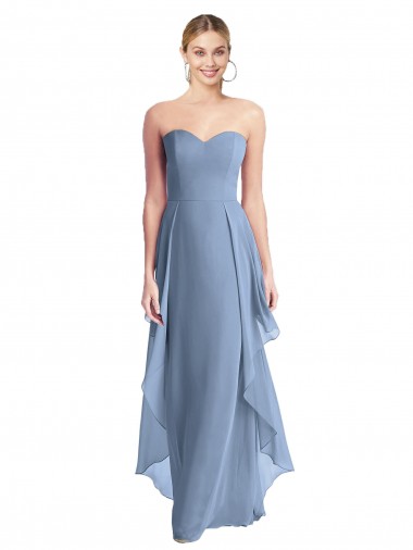 Bleu poussiéreux Trapèze Sans bretelle Mousseline Longue Robes demoiselle d'honneur Pas Cher