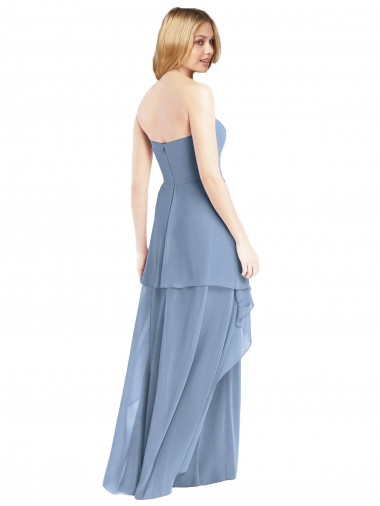 Bleu poussiéreux Trapèze Sans bretelle Mousseline Longue Robes demoiselle d'honneur