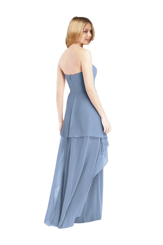 Bleu poussiéreux Trapèze Sans bretelle Mousseline Longue Robes demoiselle d'honneur Pas Cher