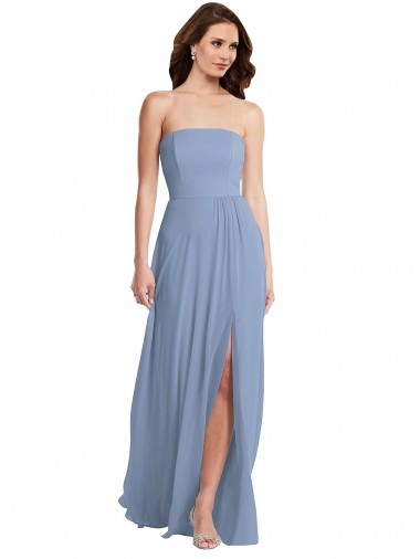 Bleu poussiéreux Trapèze Sans bretelle Mousseline Longue Robes demoiselle d'honneur Pas Cher
