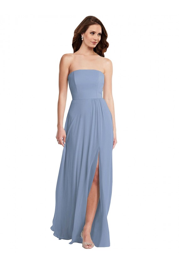 Bleu poussiéreux Trapèze Sans bretelle Mousseline Longue Robes demoiselle d'honneur Pas Cher