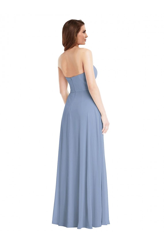 Bleu poussiéreux Trapèze Sans bretelle Mousseline Longue Robes demoiselle d'honneur Pas Cher