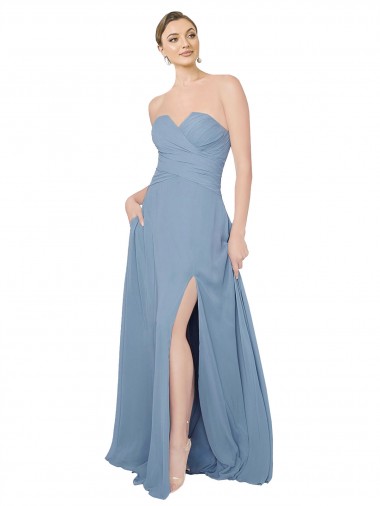 Bleu poussiéreux Trapèze Sans bretelle Mousseline Longue Robes demoiselle d'honneur Pas Cher