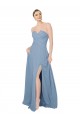 Bleu poussiéreux Trapèze Sans bretelle Mousseline Longue Robes demoiselle d'honneur Pas Cher