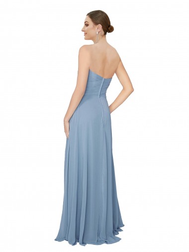 Bleu poussiéreux Trapèze Sans bretelle Mousseline Longue Robes demoiselle d'honneur