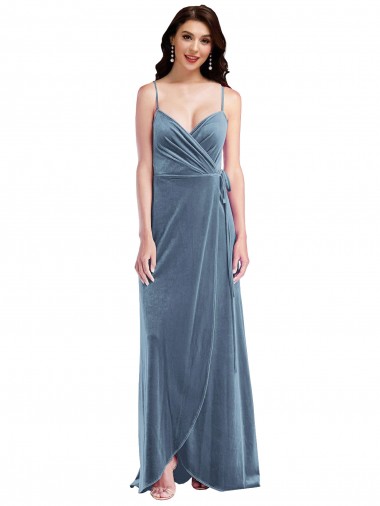 Bleu poussiéreux Trapèze Velours Stretch Longue Robes demoiselle d'honneur / Robes de bal Pas Cher