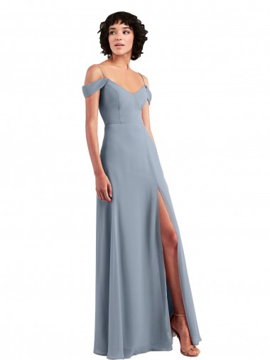 Bleu poussiéreux Trapèze Épaule Dénudée Bretelles spaghetti Mousseline Longue Robes demoiselle d'honneur Pas Cher