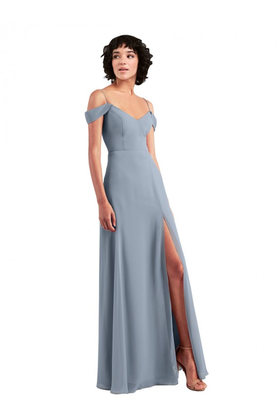 Bleu poussiéreux Trapèze Épaule Dénudée Bretelles spaghetti Mousseline Longue Robes demoiselle d'honneur Pas Cher