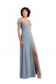 Bleu poussiéreux Trapèze Épaule Dénudée Bretelles spaghetti Mousseline Longue Robes demoiselle d'honneur Pas Cher