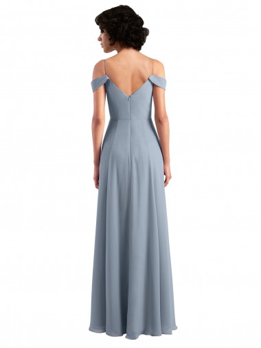 Bleu poussiéreux Trapèze Épaule Dénudée Bretelles spaghetti Mousseline Longue Robes demoiselle d'honneur