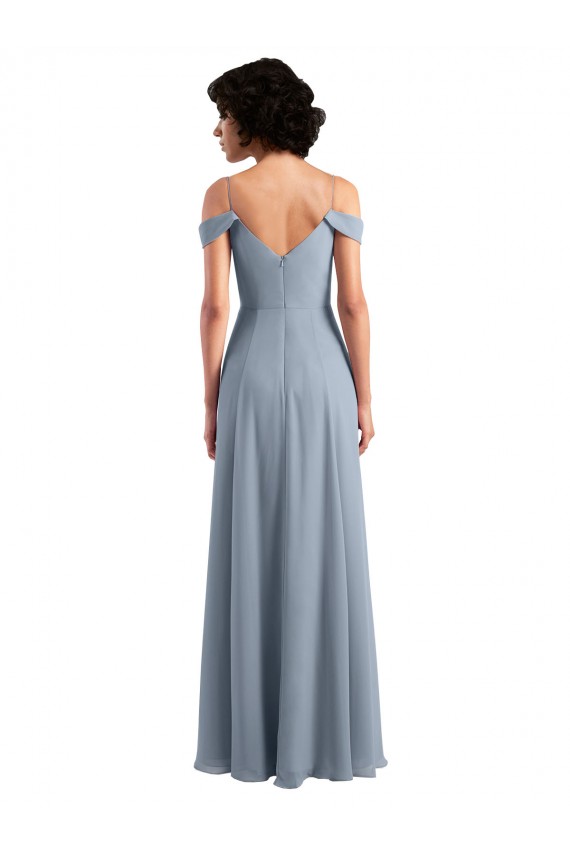Bleu poussiéreux Trapèze Épaule Dénudée Bretelles spaghetti Mousseline Longue Robes demoiselle d'honneur Pas Cher