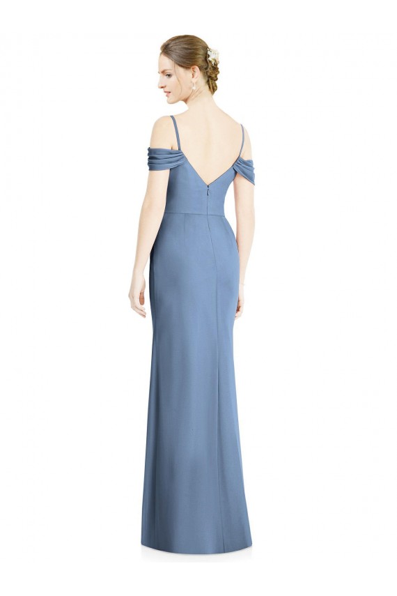 Bleu poussiéreux Trapèze Épaule Dénudée Mousseline Longue Formelles Robes demoiselle d'honneur / Robes de soirée Pas Cher