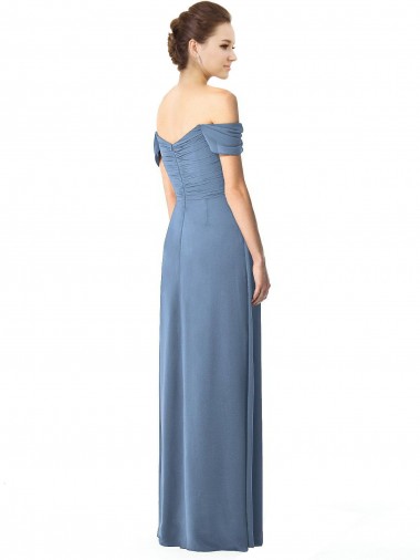 Bleu poussiéreux Trapèze Épaule Dénudée Mousseline Longue Robes demoiselle d'honneur