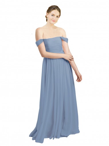 Bleu poussiéreux Trapèze Épaule Dénudée Mousseline Longue Robes demoiselle d'honneur Pas Cher