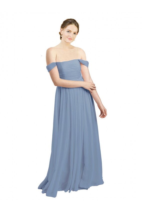 Bleu poussiéreux Trapèze Épaule Dénudée Mousseline Longue Robes demoiselle d'honneur Pas Cher