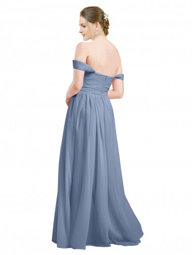 Bleu poussiéreux Trapèze Épaule Dénudée Mousseline Longue Robes demoiselle d'honneur