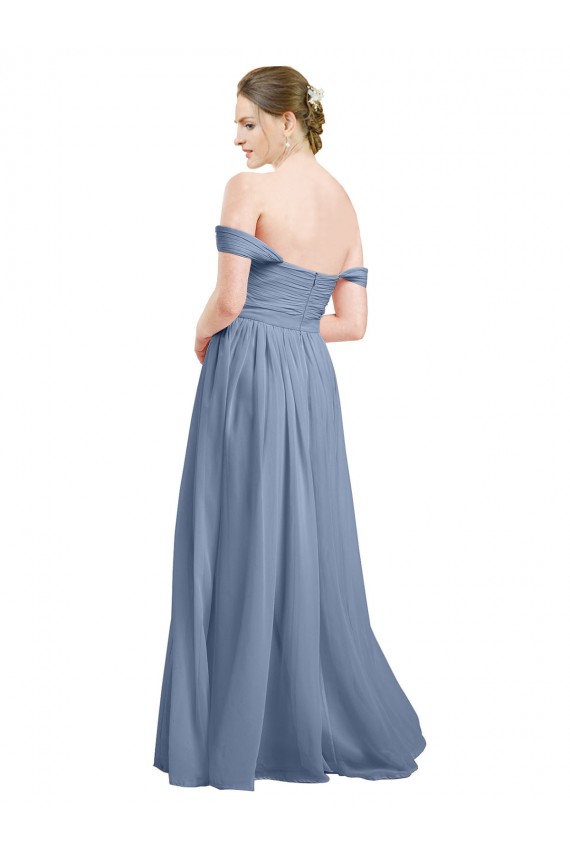 Bleu poussiéreux Trapèze Épaule Dénudée Mousseline Longue Robes demoiselle d'honneur Pas Cher