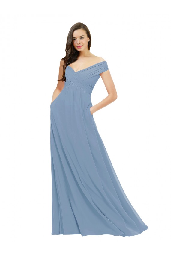 Bleu poussiéreux Trapèze Épaule Dénudée Mousseline Longue Robes demoiselle d'honneur Pas Cher