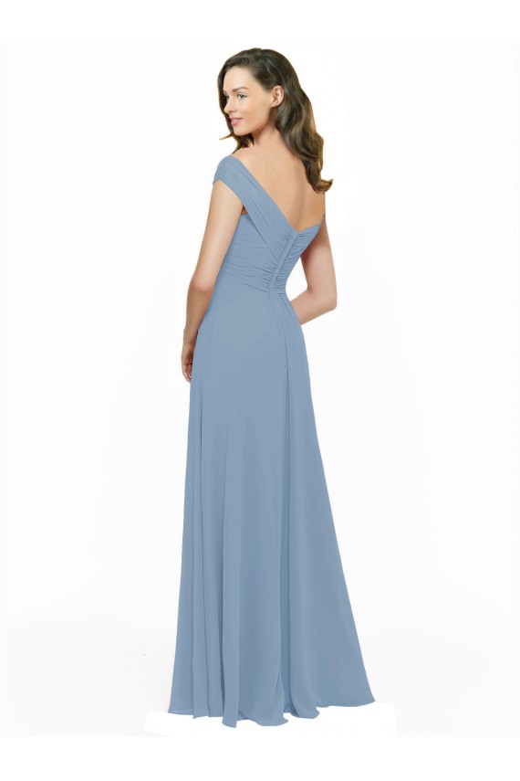 Bleu poussiéreux Trapèze Épaule Dénudée Mousseline Longue Robes demoiselle d'honneur Pas Cher