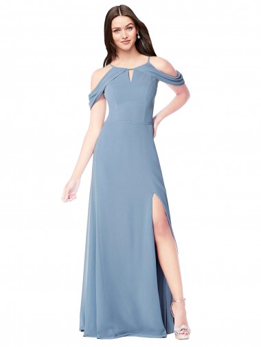 Bleu poussiéreux Trapèze Épaule Dénudée Mousseline Longue Robes demoiselle d'honneur Pas Cher