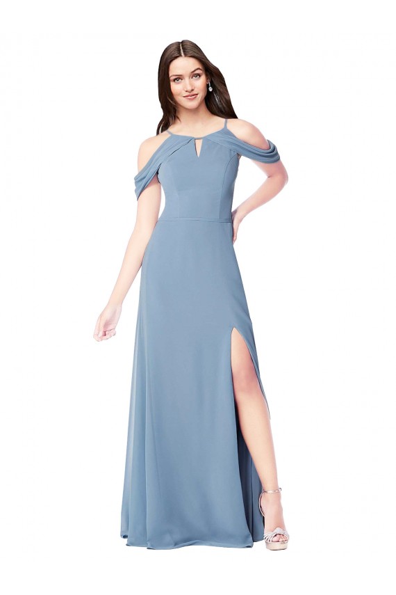 Bleu poussiéreux Trapèze Épaule Dénudée Mousseline Longue Robes demoiselle d'honneur Pas Cher