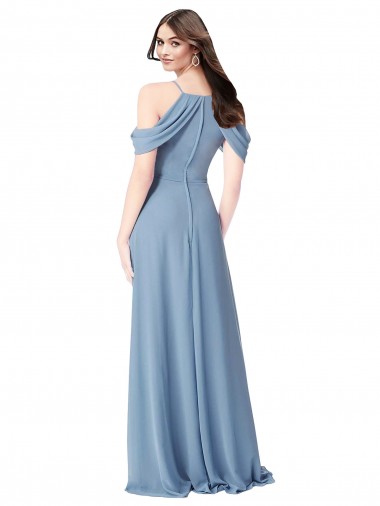 Bleu poussiéreux Trapèze Épaule Dénudée Mousseline Longue Robes demoiselle d'honneur