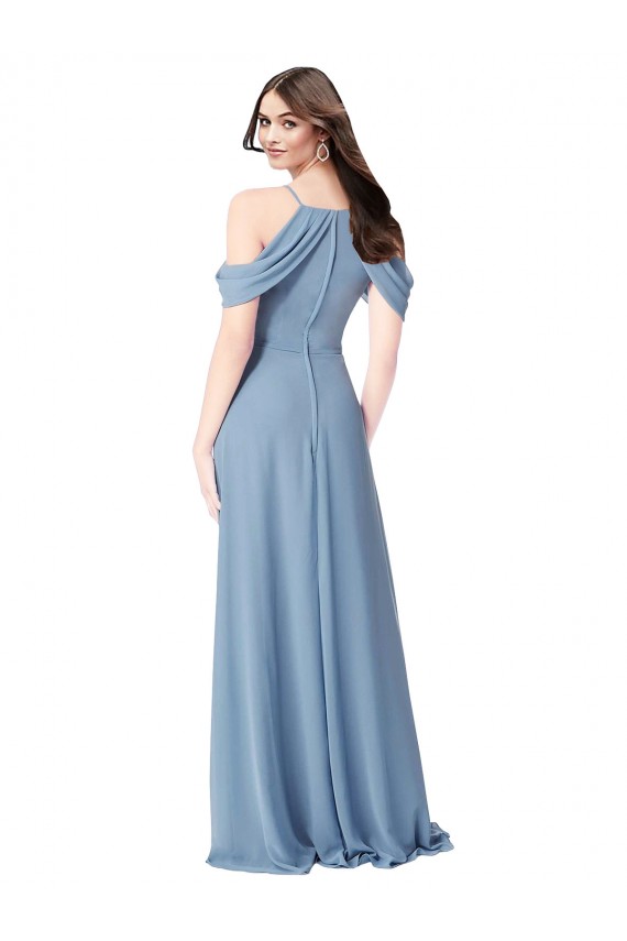 Bleu poussiéreux Trapèze Épaule Dénudée Mousseline Longue Robes demoiselle d'honneur Pas Cher